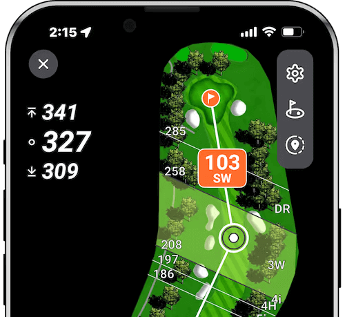 GOLFTEC app tracking yardages of golf course displayed on smartphone